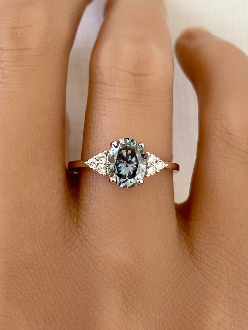 Oval Blue Gray Moissanite Diamond Round CZ Sterling Silver Engagement Ring